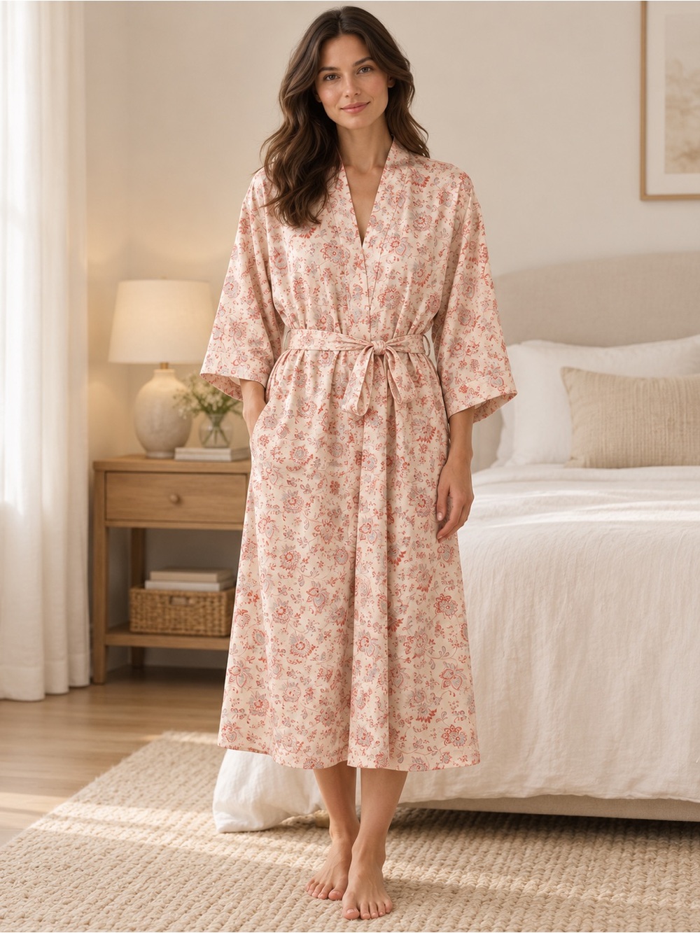 Aritzia Wilfred Cream Coral Floral Kimono Robe with Belt